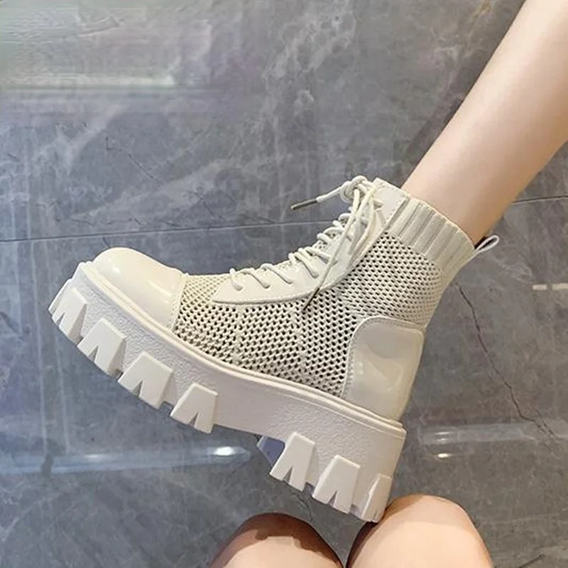 

2021 летние женские дышащие сетчатые ботильоны на шнуровке в готическом стиле; Женская обувь на платформе