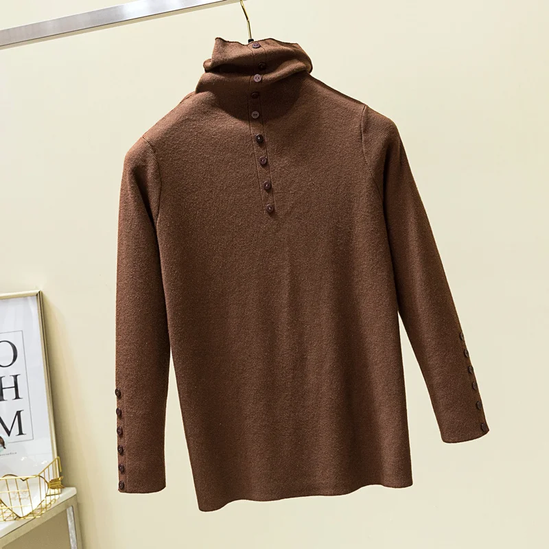 

Jersey Mujer 2021 Button Turtleneck Women Sweater Autumn Winter Solid Slim Long Sleeve Top Knit All-match Pullover Pull Femme