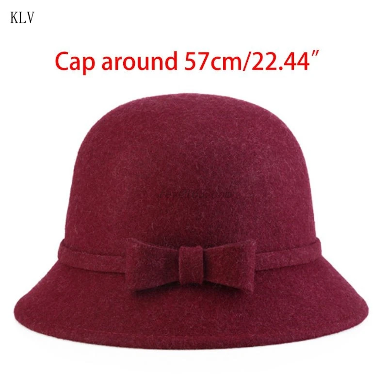 Autumn Winter Womens Vintage Style Faux Wool Cloche Bowler Bucket Hat with Bow Accent