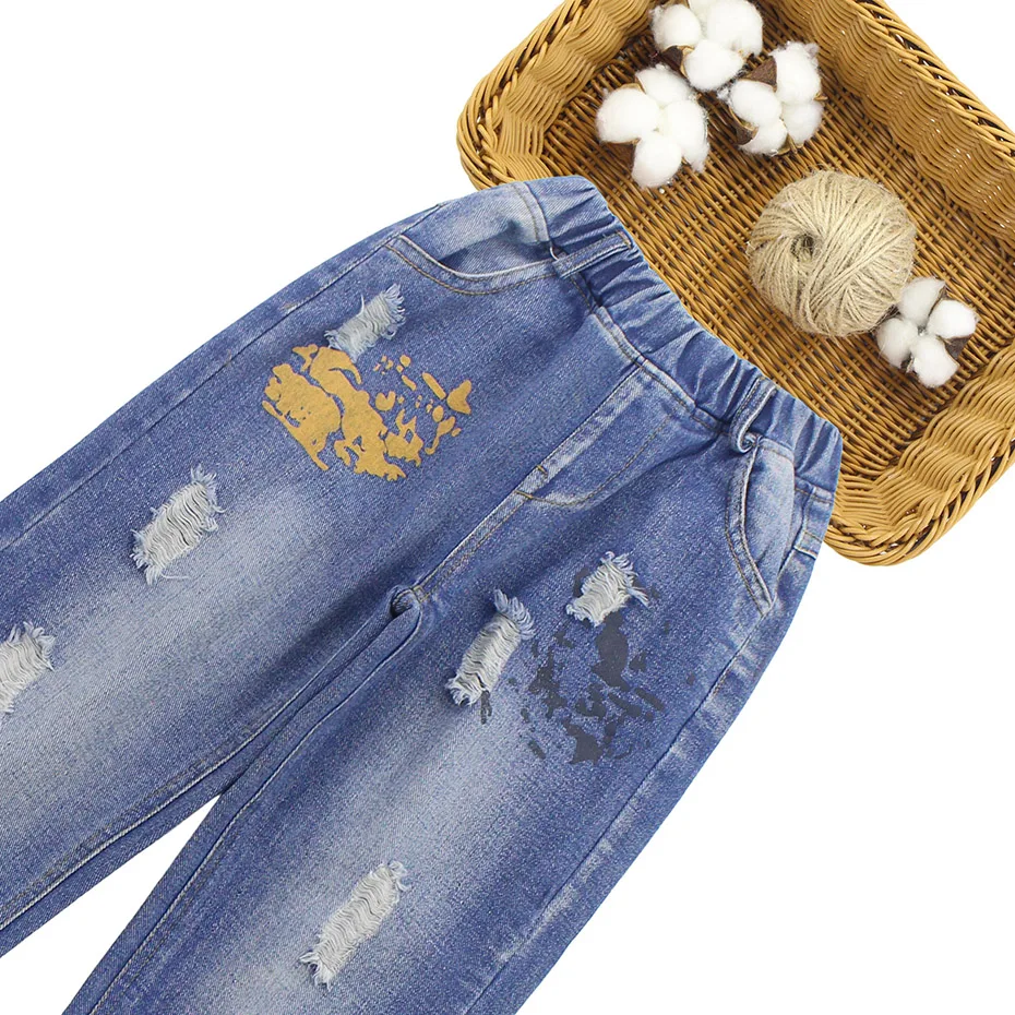 Джинсы для девочек детские джинсы с принтом свободные рваные джинсовые брюки