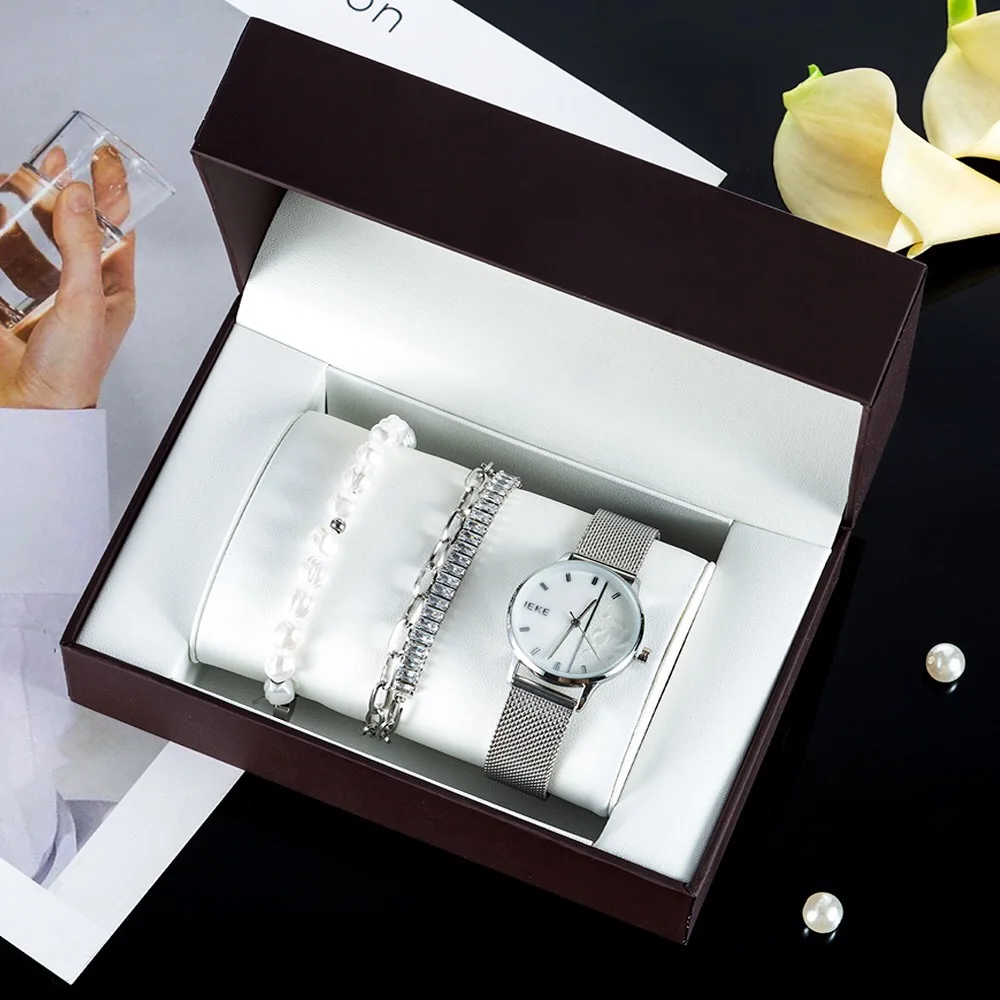 Fashion Women's Watch Bracelets Set Simple Mesh Strap Quartz Watch Steel and Pearl Bracelet With Gift Box For Girl's Ladies's