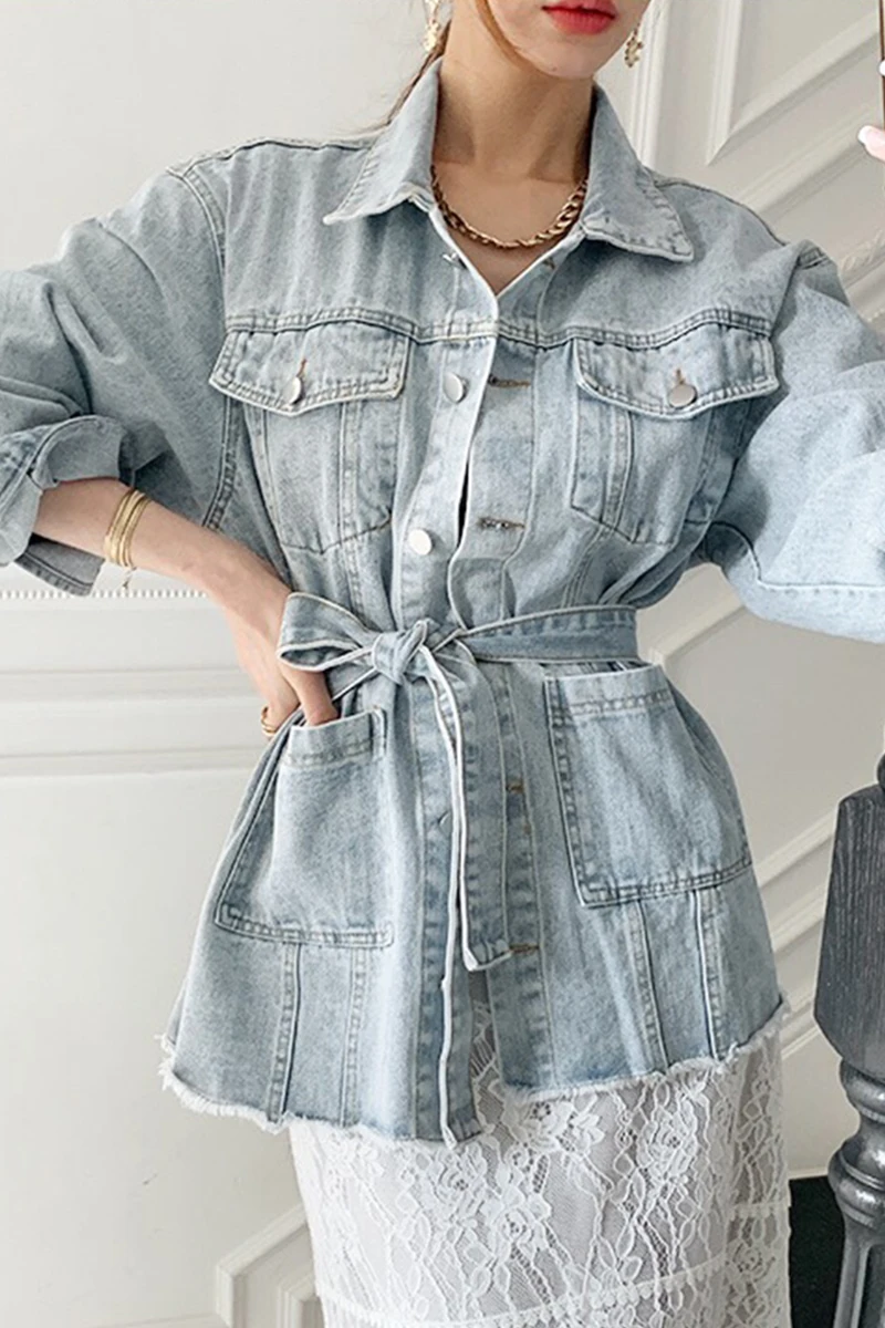 

Korean chic spring retro lapel single-breasted multi-pocket lace-up waist washed blue raw denim jacket women
