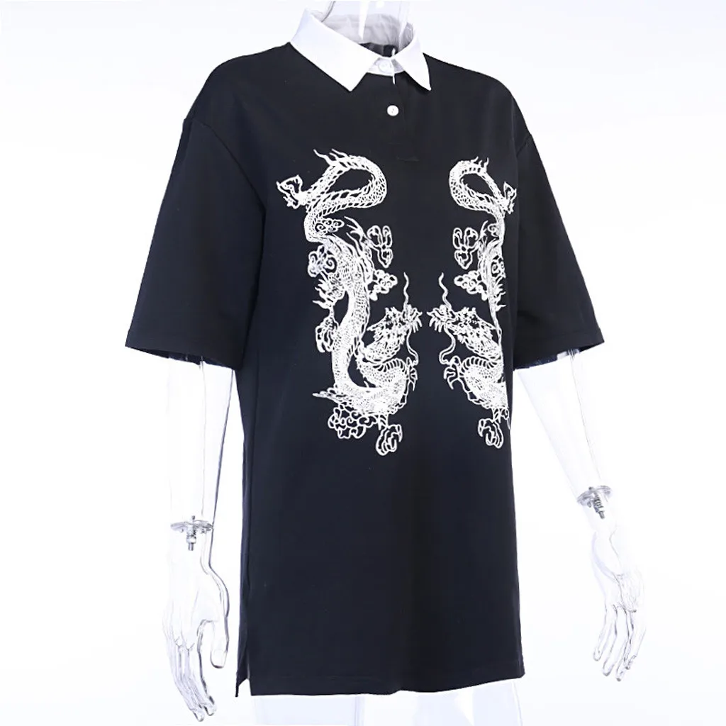 

Woman Tshirts Summer Vintage Tops Chinese Dargon Gothic Short Sleeve Loose Long T-shirt Kpop Streetwear Slim Was Thin