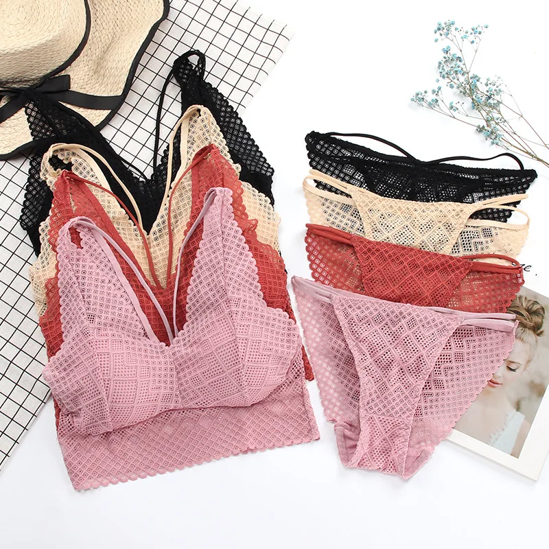 

Women Lace Bra Set Sexy Panties Wireless Bra Deep Vneck Bralette Push Up Bra Lace Lingerie Thongs Brief Sets Removable Pads