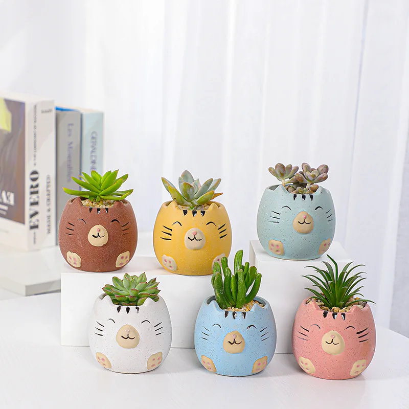 

Creative Cartoon Animal Meat Flowerpot Northern Europe Simple Hand-painted Gardening Cute Cat Combination Relief Ceramic Pot