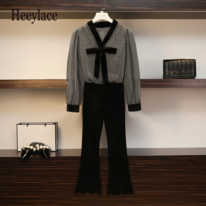 Женский осенний комплект из 2 предметов размера плюс шифоновая рубашка с длинным