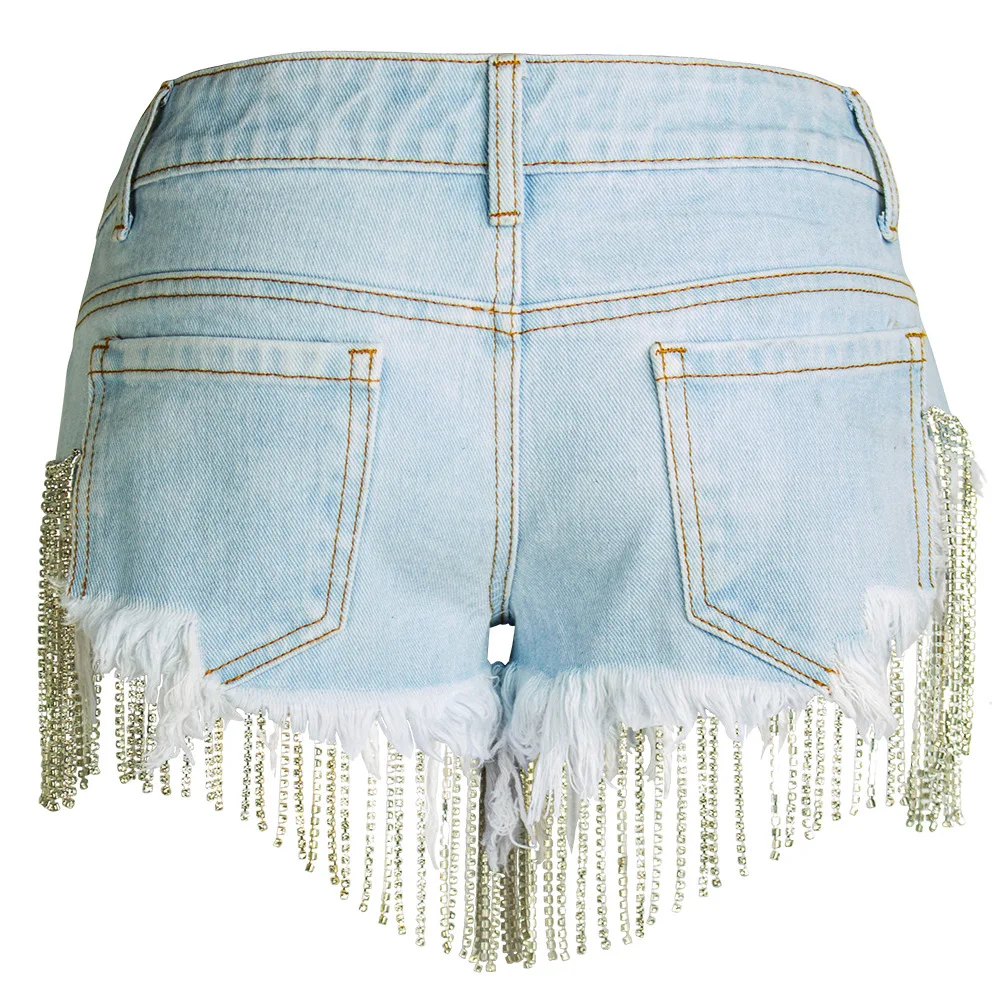 

European And American Style Summer Nightclub Women's Pants Tassel A Diamond Chain Hip-lifting Sexy Wide Leg Denim Shorts