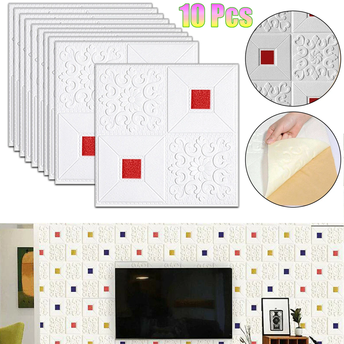 

10 Pcs 3D Self-Adhesive Tile Brick Wall Sticker Waterproof Panels for Roof Ceiling TV Background Bedroom Living Room Decoration