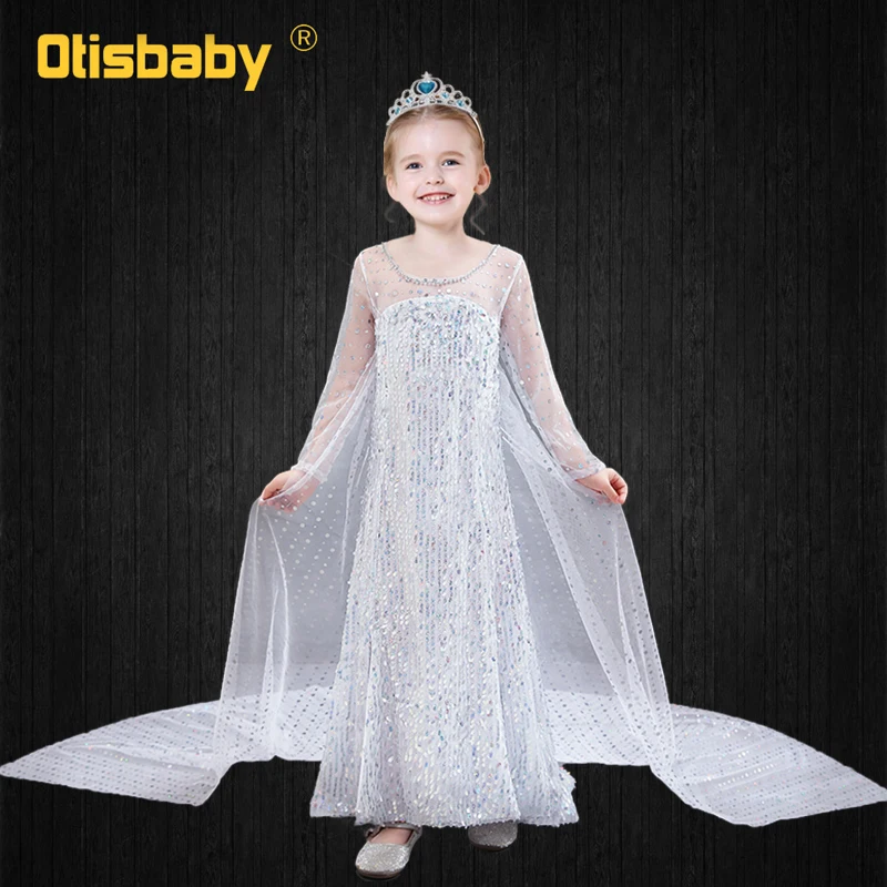 Платье Эльзы для девочек одежда Снежной королевы детское белое длинное платье с