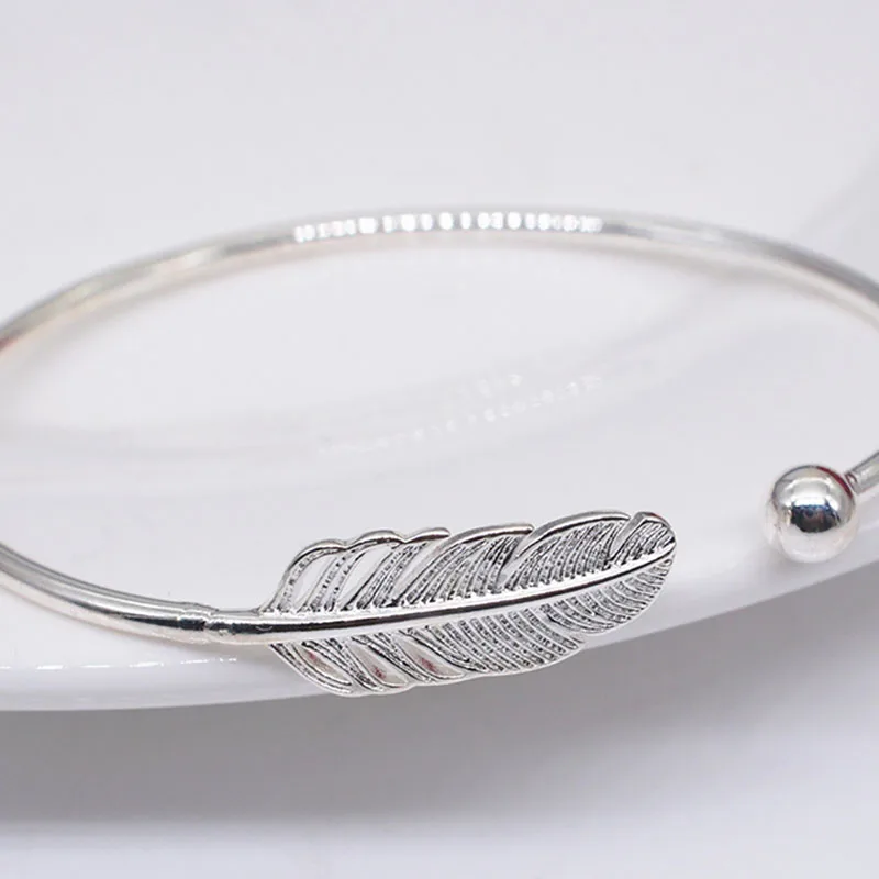 

Silver Open Bangles & Bracelet Fashion Simple Feather Handmade Jewelry Gift for Men Women Size Adjustable