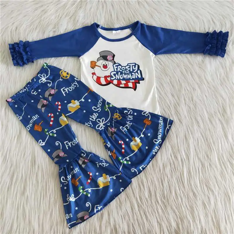 

Wholesale Boutique Baby Girls Long Sleeves Ruffles Top Bell Bottom Pants Snowman print full Outfits Kids Sets Children Clothes