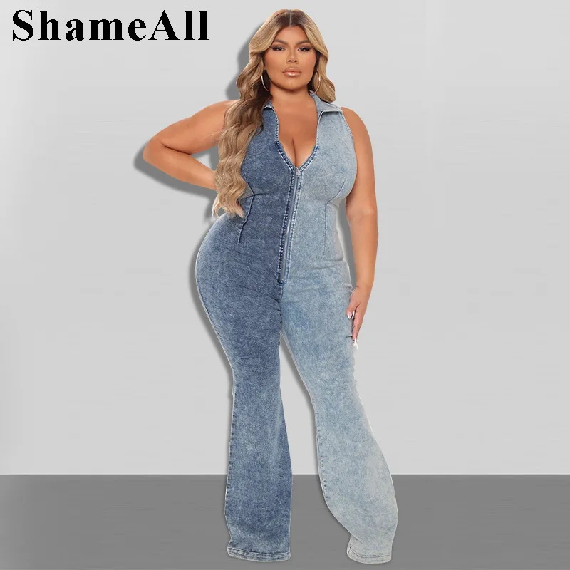 

Женский джинсовый комбинезон на молнии, с V-образным вырезом, 4XL