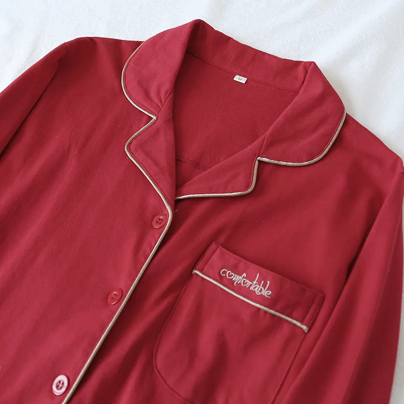 New spring and autumn couple knit pajamas, long-sleeved trousers, two-piece 100% cotton red men's and women's home service suit