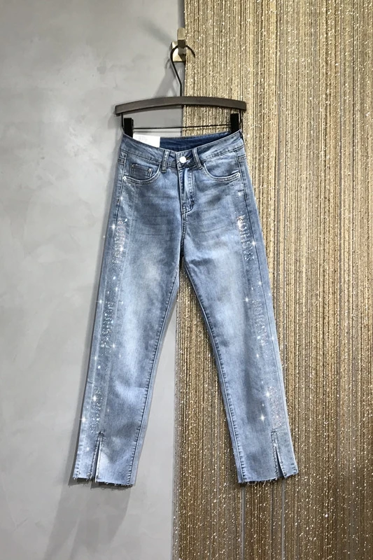 

Rhinestone Jeans Women's Clothing 2021 Spring and Summer New High Waist Denim Jeans Female Thin Straight Split Cropped Pants