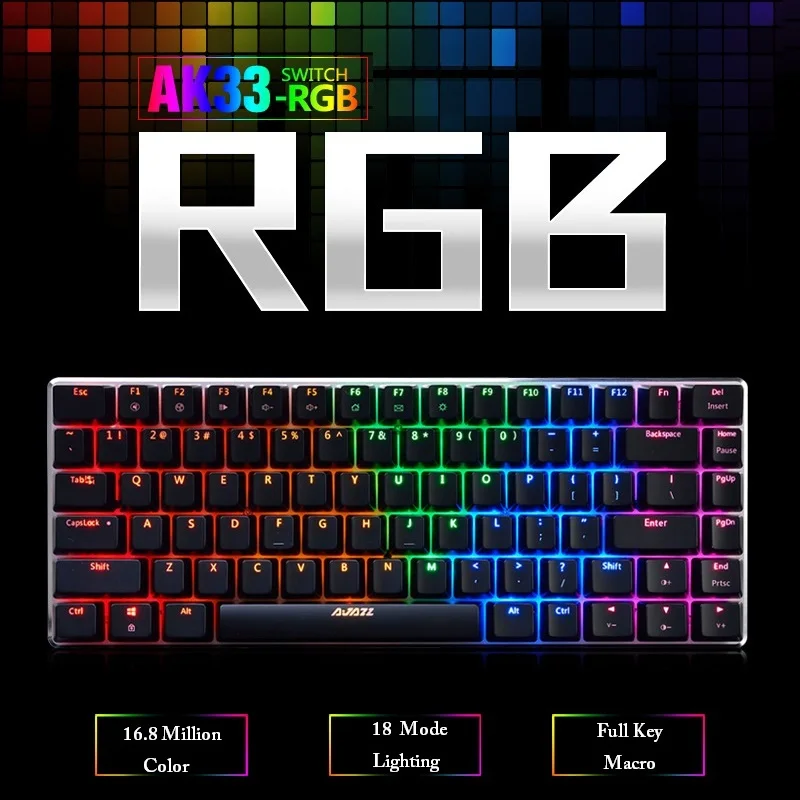 

Клавиатура Ajazz AK33 Механическая игровая проводная, подсветка 18 режимов, 82 клавиши, не требует конфликта, RGB/нет светильник/синий/Whit