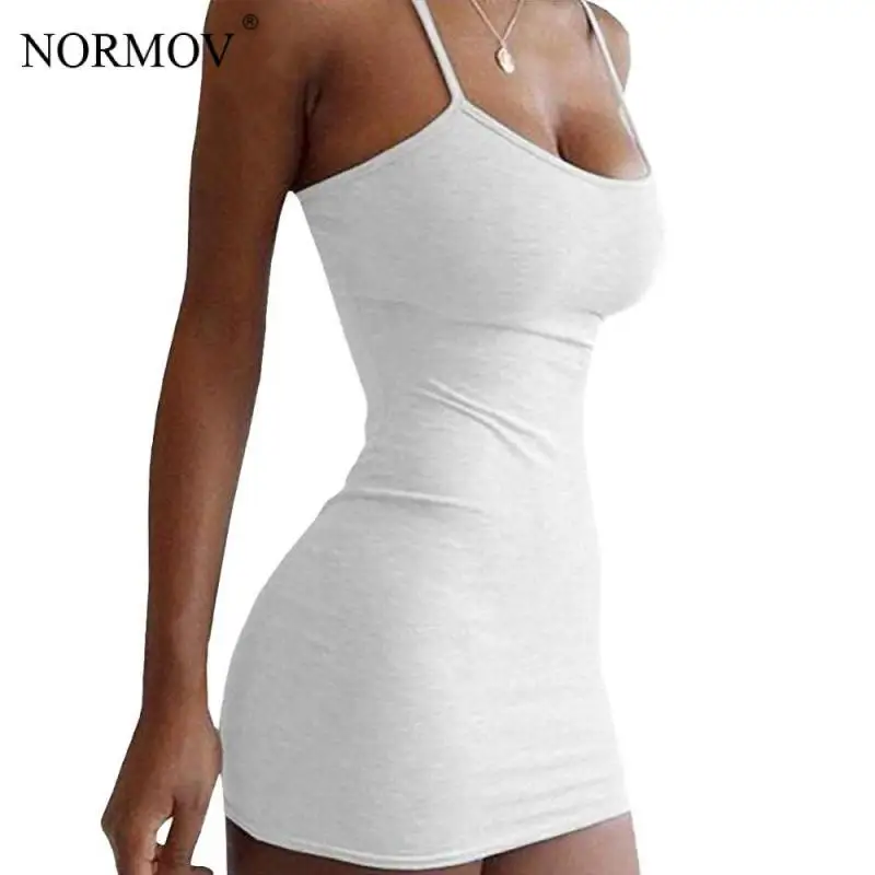 NORMOV Sexy Bodycon Dress Womens Summer Casual Cotton Stretchy Sleeveless Solid Elastic Thin Shoulder | Женская одежда