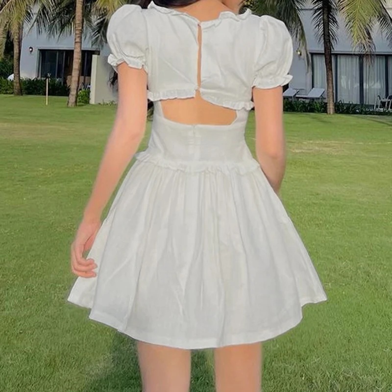 

Chic White Dress Ruffles Puff Sleeves Hollow Out Shirring Elegant Woman 2021 Elegant Dress High Waist Bandage Sweet