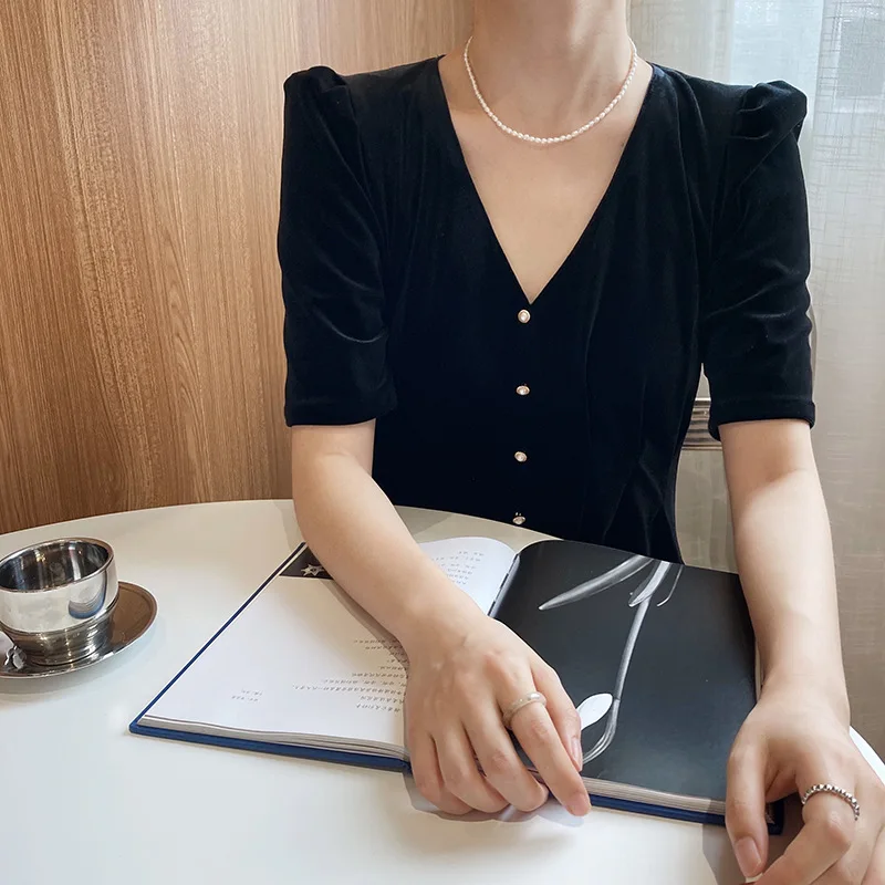 

Korean Retro V Neck Slim Velvet Dress Women High Waist Short Sleeve Vestido Temperament Autumn Dress