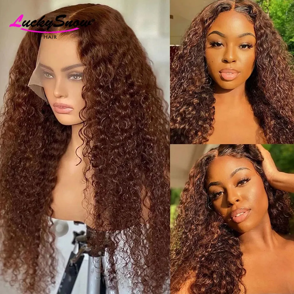 

#4 Brown Colored Lace Front Wig Pre Plucked Brazilian Remy 250 Density Deep Curly Lace Front Human Hair Wigs For Black Women