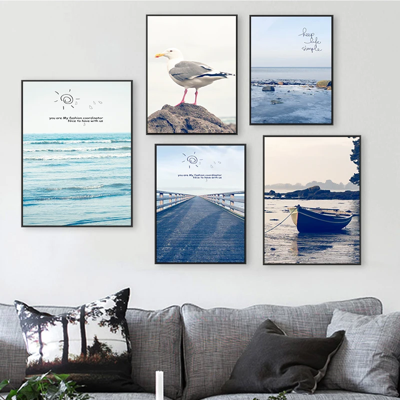 Свежее солнце пляж деревянная плитка Чайка пейзаж иллюстрация холст абстрактная