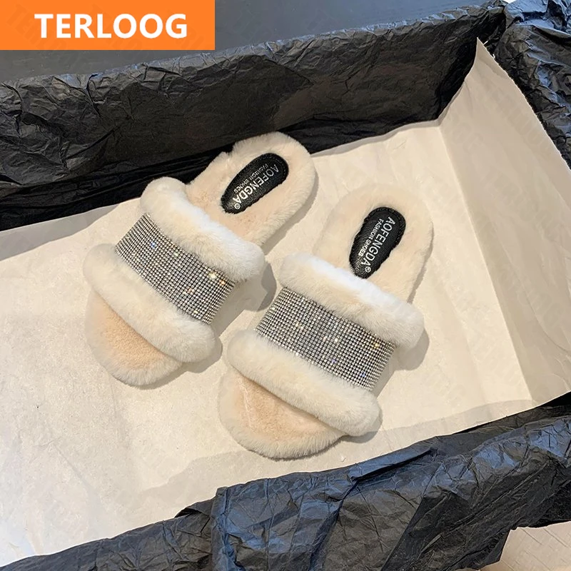 

Women Flats Shoes 2021 New Winter Autumn Luxury Crystal Fur Plush Flip Flops Indoor Warm Home Slippers Fashion Casual Sandals