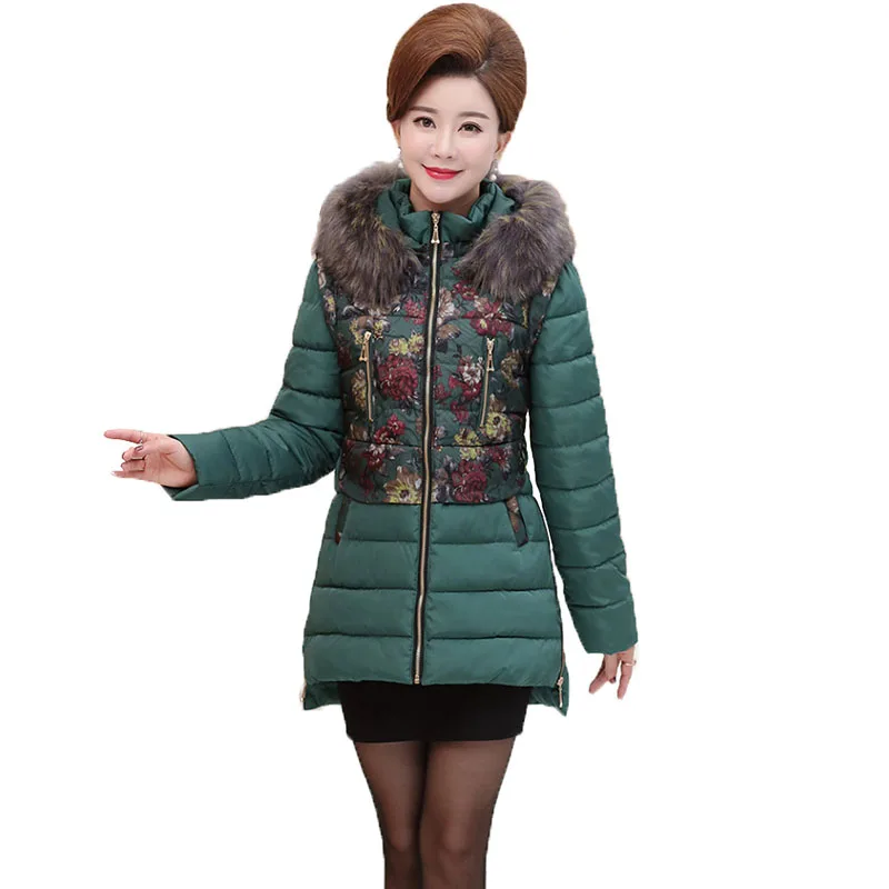 Abrigos mujer invierno, модный принт, зимний женский пуховик, хлопок, средней длины, куртка, парка с капюшоном, меховой воротник, утолщенное пальто