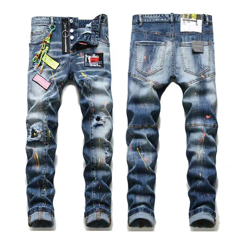 

2021DSQ European and American hot-selling luxury jeans DSQUARED2 applique hole slim stretch trousers button trousers male D2