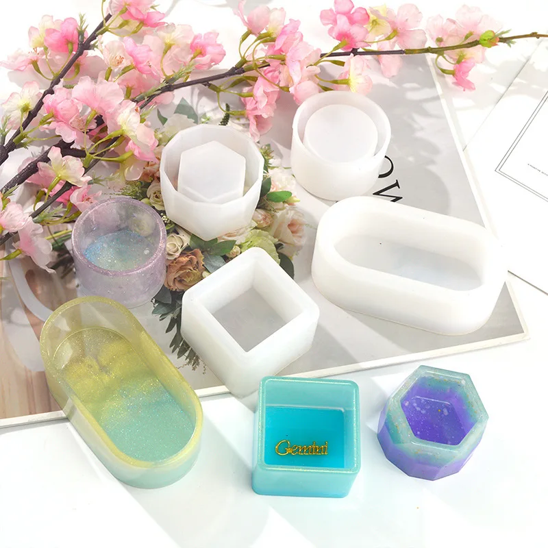 

DIY Storage Box Mold Crystal Epoxy Flower Pot Mold Succulent Hexagon Round Square Jewelry Box Silicone Resin Mold