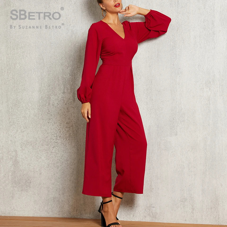 Женский комбинезон с открытой спиной Sbetro красный однотонный широкими штанинами