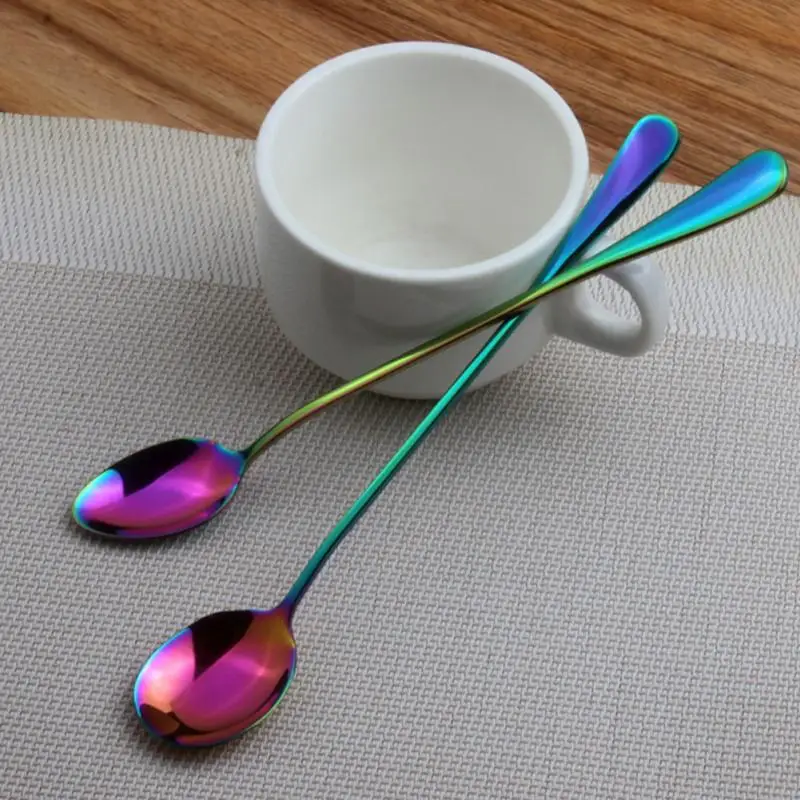 

2Pcs Stainless Steel Rainbow Ice Spoon Long Handle Mirror Polished Mixing Stirring Drink Ice Cream Dessert Teaspoon