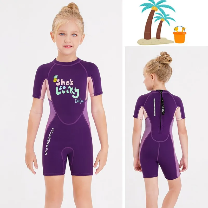

Kids Girls Thickened Warm Surfing Diving Suit Water Sports Wetsuit 2.5mm Children Swimsuit Cosmetic Short-sleeved Swimwear