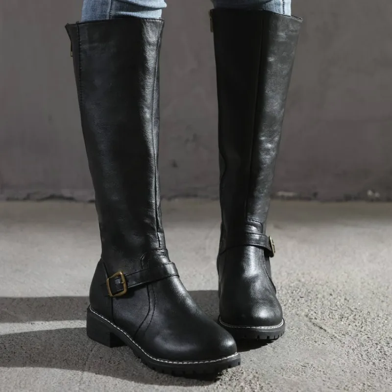

2021 PU Leather Women Long High Boots Riding Casual Belt Buckle Zipper Autumn Platform Winter Low-heeled Black Brown Retro Shoes