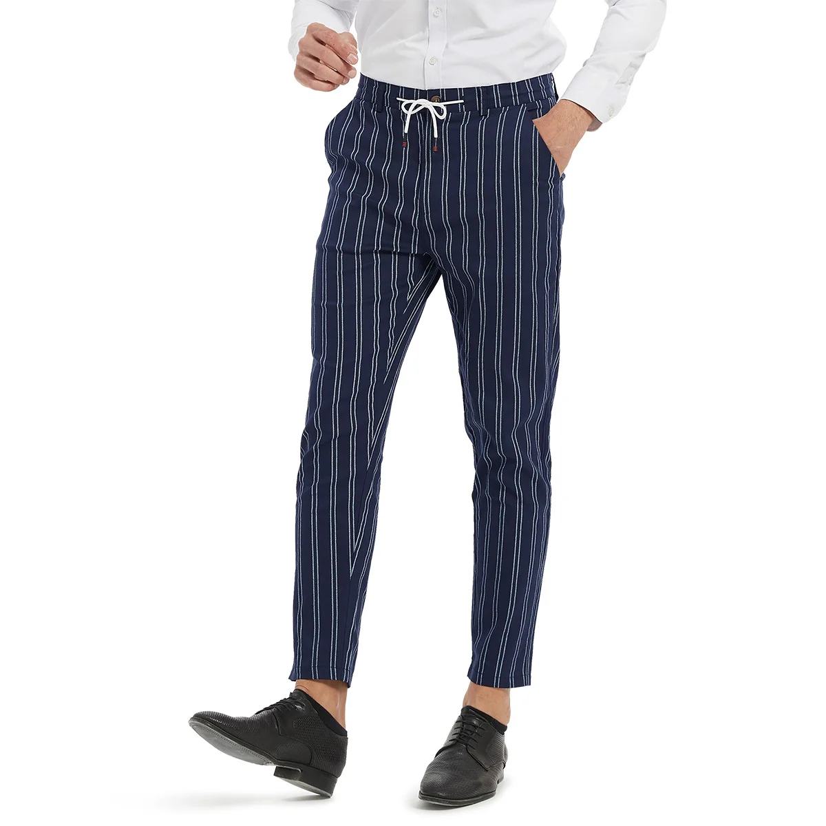 

New Double Striped Printed Casual Pants Male Drawstring Zipper Business Long Trousers Fashion Men Clothing Navy Blue Suit Pants