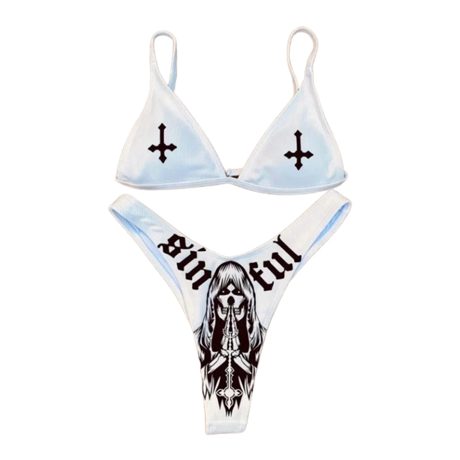 

Women's Funny Printed 2Pcs Bikini Suits Deep V-neck Detachable Breast Pad Sling Tops with Triangle Bottoms Swimsuits 2021 New