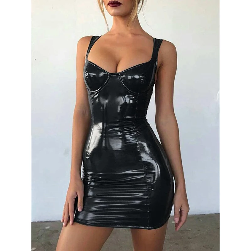 

Women Sexy Tight-Fitting Hip Skirt Dress Fashion Shiny Patent Leather Strap 2021 Spring Summer Hot New Trendy Feminina CX1410