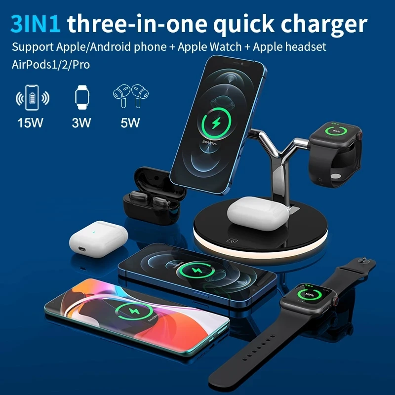 Estaci&oacute;n de carga r&aacute;pida 3 en 1 para iPhone 13, 13Pro, 12, 12Pro, Max, 12, mini cargador inal&aacute;mbrico magn&eacute;tico-4