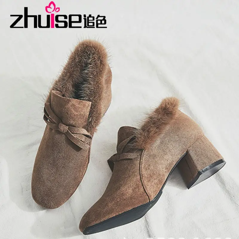 

Net red plush shoes women's winter thick heels wear suede retro loafers mid-heel women's shoes plus velvet peas shoes high heels