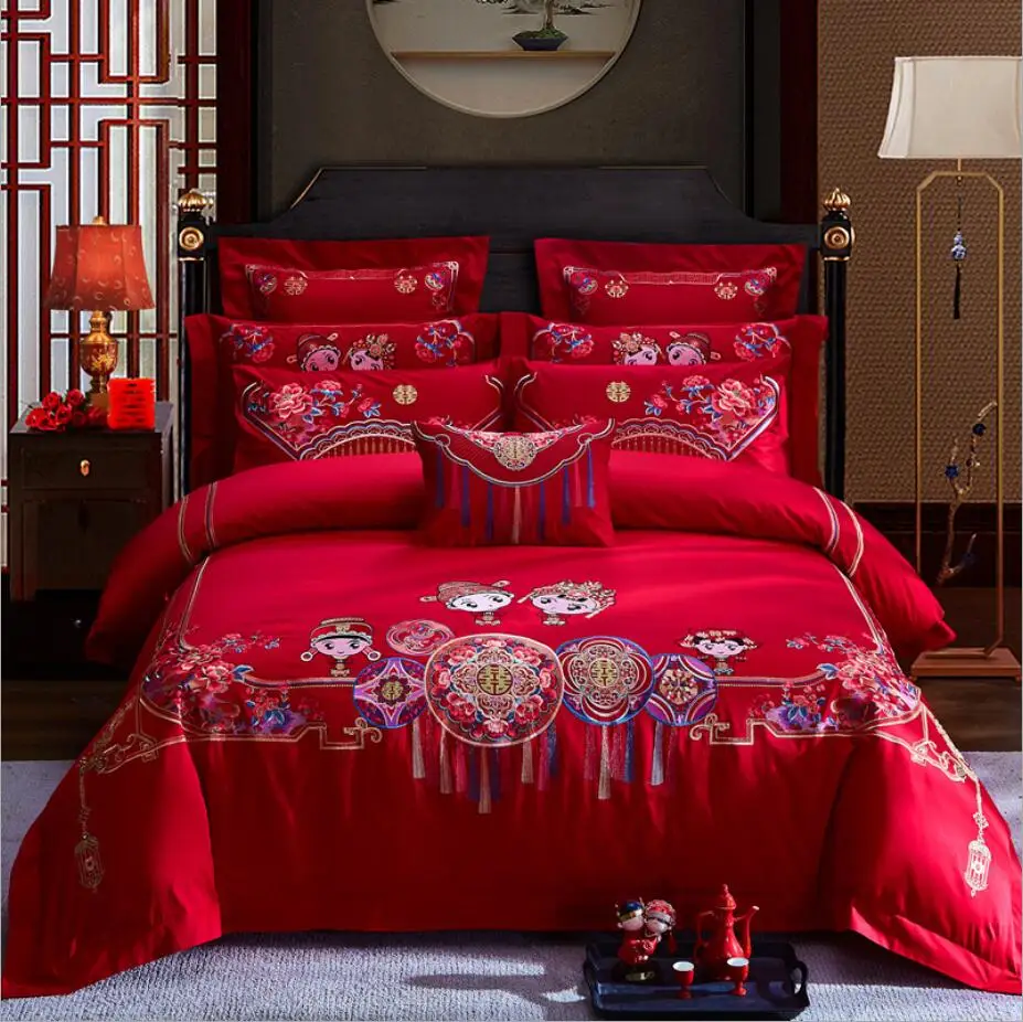 

4-10Pcs Embroidered Cotton Bedding Set Luxury Wedding Sheet Bedspread King Size Double Bed Linen