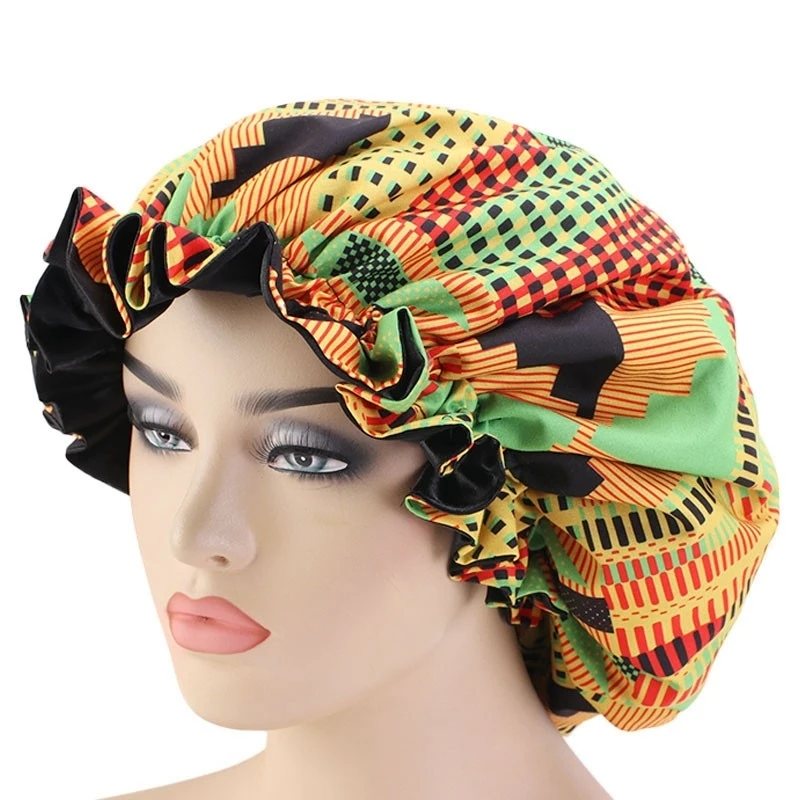 

Women Extra Large Size Hair Caps African Pattern Satin Bonnet Big Wave Brim Night Sleep Cap Flower Turban Hair Styling Tool Hot