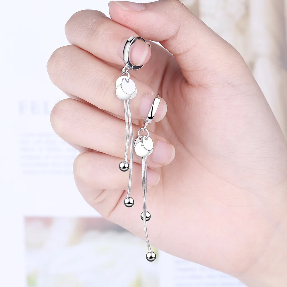 

925 Sterling Silver Tassel Long Round Bead Earrings Temperament Sexy Handmade Jewelry C eh536