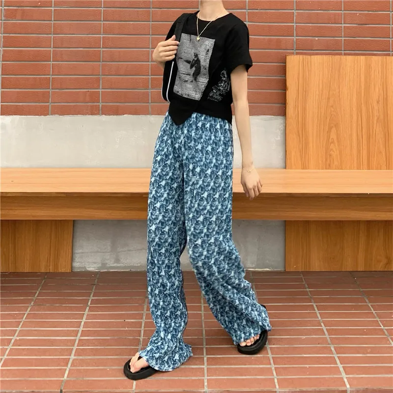 

KUSAHIKI Korean Tie Dye Wide Leg Pants Causal Stretch High Waist Long Trousers 2021 Summer Woman Pants Mujer Pantalones 6G761