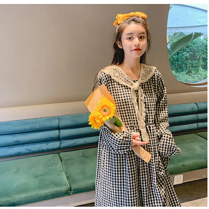 

2021 Spring New Family Look Clothes Dress Round Neck Long Sleeve Plaid Dress