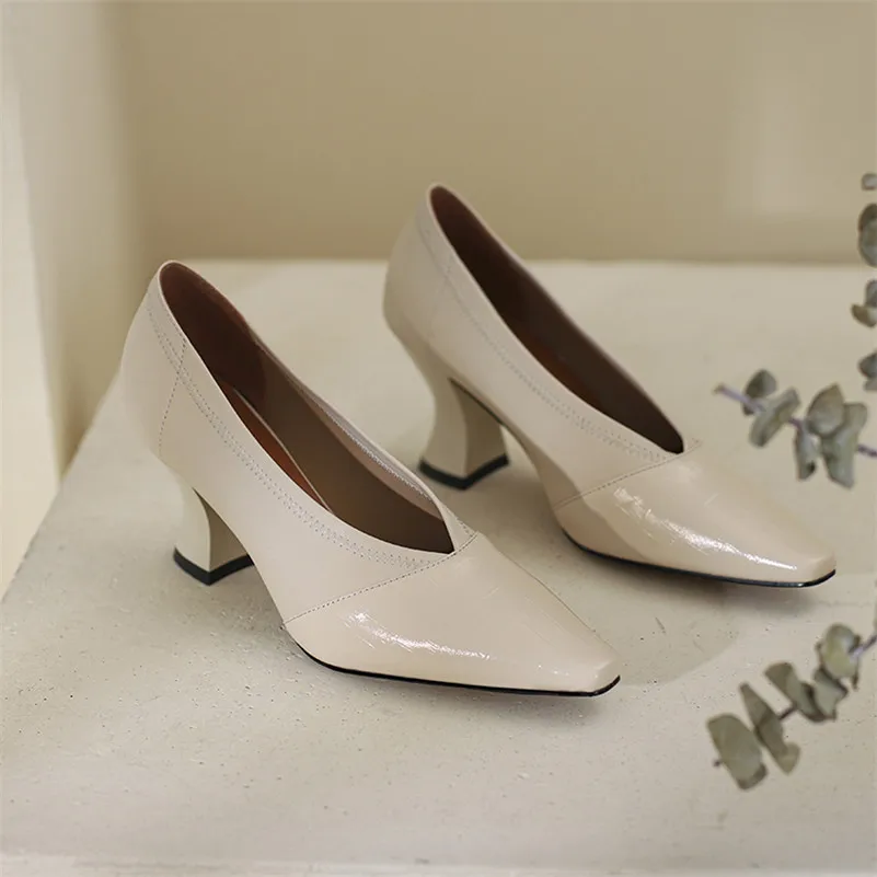 

Meotina Pumps Genuine Leather Square Toe Glove Shoes Women High Heels Slip On Block Heel Ladies Footwear 2021 Spring New Beige