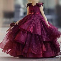 purple puffy flower girl dresses for wedding lace beads 3d floral appliqued pageant party gowns princess girl wear