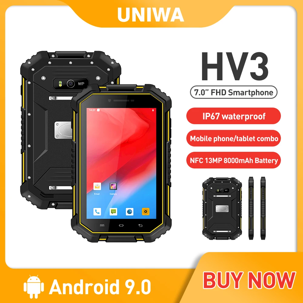Водонепроницаемый смартфон UNIWA HV3, IP67, FHD экран 7,0 дюйма, на базе Android 9,0, 4 Гб ОЗУ 64 Гб ПЗУ, NFC мобильный телефон, 13 МП, 8000 мА батарея мобильного тел...