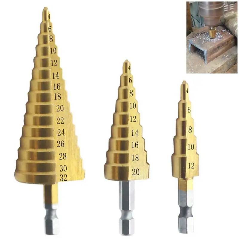 

Ступенчатое сверло с титановым покрытием, 4-12, 4-20, 4-32, для сверления электроинструментов, для металла, быстрорежущей стали, дерева, коническо...