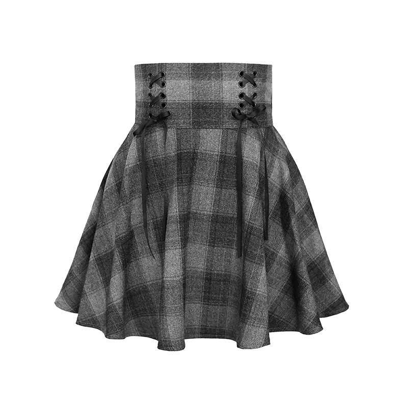 

New Gothic Autumn Winter Gray Plaid Skirts Shorts Women's Lace Up Pleated Punk Girl's High Waist A-Line Mini