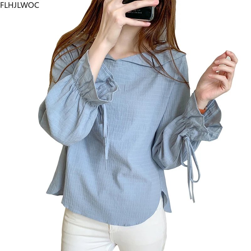 

Блузка женская хлопковая, в корейском и японском стиле, с галстуком-бабочкой, синего цвета, с воротником в стиле Питера Пэна, осень, для девуш...