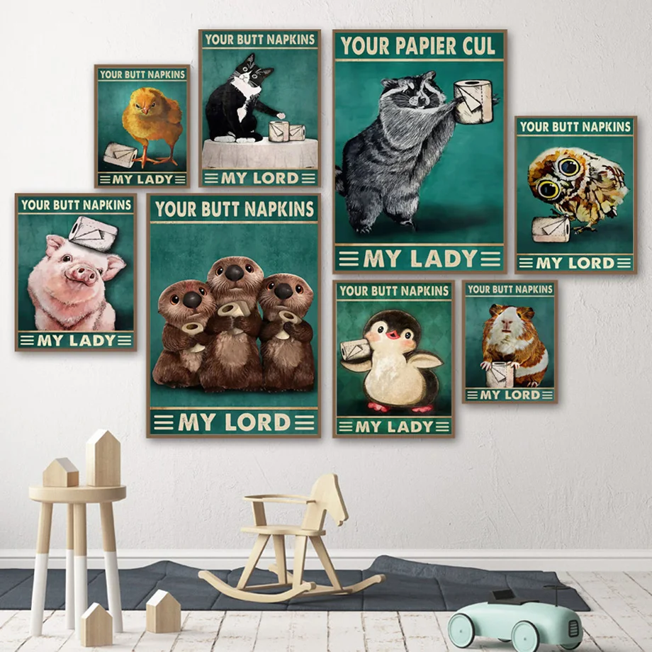 

Wall Art Canvas Painting Cute Animal Cat Pig Hamster Chick Toilet Paper Nordic Posters And Prints Wall Pictures Kids Room Decor