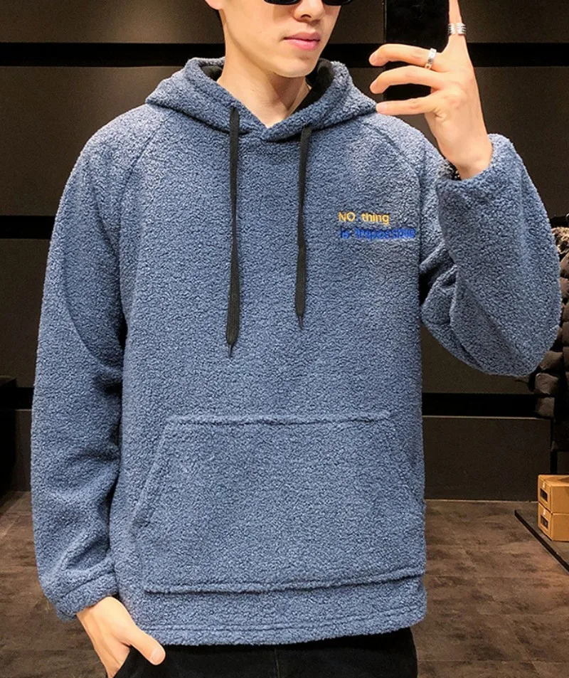 

Male Plus Velvet Thickening Hooded Sweater Animal Pocket Letter Decoration Men Warm Pullover Autumn Winter Fashion Casual New